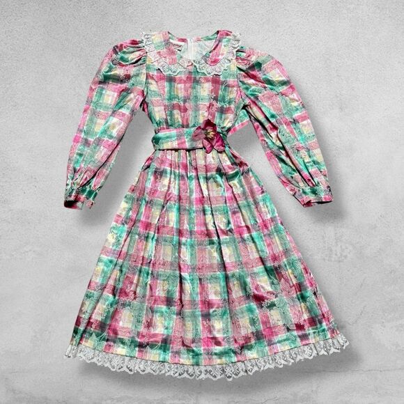 Vintage Storybook Heirlooms Girls Dress 8 Plaid Lace Metallic Brocade Victorian - Picture 5 of 14